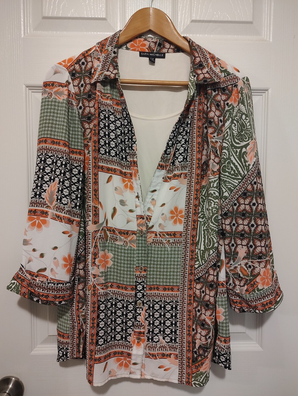 Sara Michelle Patchwork Floral Button-Front Shirt - Orange, Green, Black
